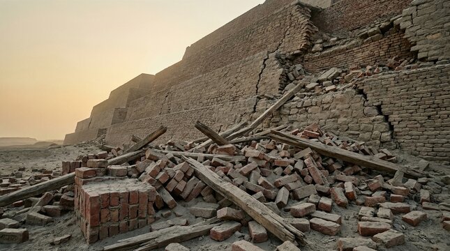 Ruins of the ancient zigurat of the Tower of Babel at dusk, with fallen bricks and wood. Biblical history concept for religion.