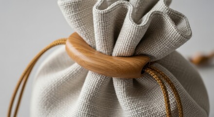 Close-up of Natural Fabric Drawstring Pouch Secured with a Wooden Toggle Bead in a Studio Shot for Sustainable Luxury Packaging.