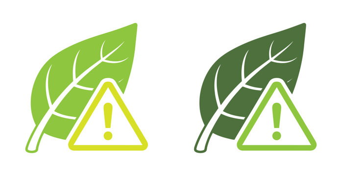 Warning signs with green leaves indicating eco alert or toxic risk. Eco warning icon composition of herbal leaves in green and natural variations. Warning vector image is composed from green herbal pa