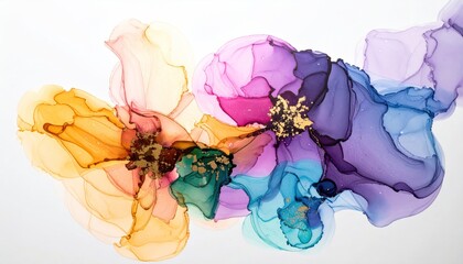 Colorful, abstract floral painting with flowing ink and golden accents