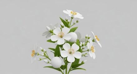 Minimalist White Flowers Blooming with Geometric Spheres on Gray Background for Skincare and Wellness Product Display