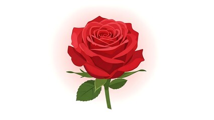 Fototapeta premium Vibrant red rose with green leaves on white background