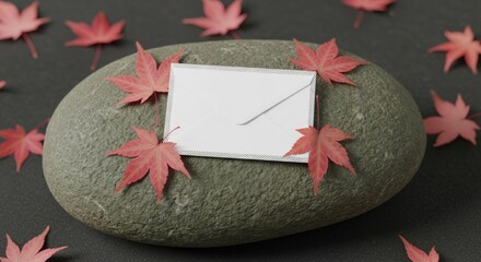 Elegant white envelope mockup placed on a gray zen stone, framed by vibrant red Japanese maple leaves, perfect for premium autumn message design.