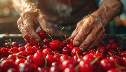 Elderly hands sorting ripe cherries in a harvest bin, close-up