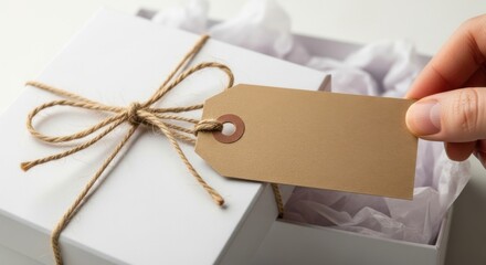 Hand Attaching Blank Kraft Gift Tag to Minimalist White Present Box Tied with Twine, Perfect Mockup for Personalized E-commerce Packaging Design.