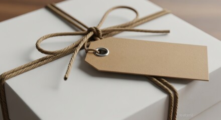Minimalist White Gift Box Tied with Rustic Twine and Blank Kraft Tag Mockup for Premium Sustainable Packaging and E-commerce Branding.