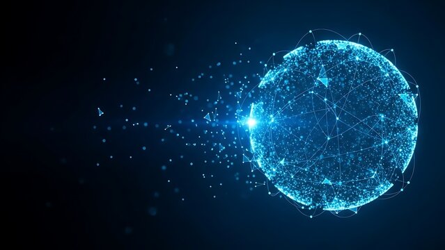 Glowing blue digital globe with network connections and particles on dark background blue globe