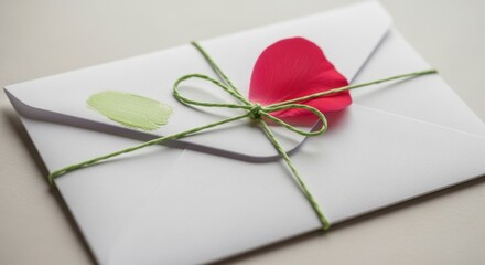 Elegant White Envelope Sealed with Green Twine and Red Rose Petal, Perfect for Romantic Invitations or Valentine's Day Correspondence Design.