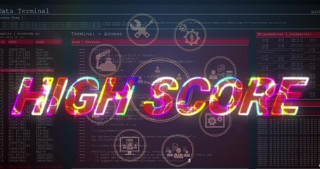 Animation of high score text over icons and data processing - Powered by Adobe