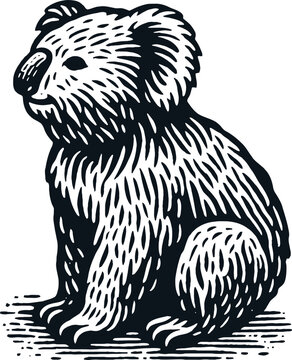 Vintage Woodcut Style Illustration of a Seated Koala Facing Left in Black and White
