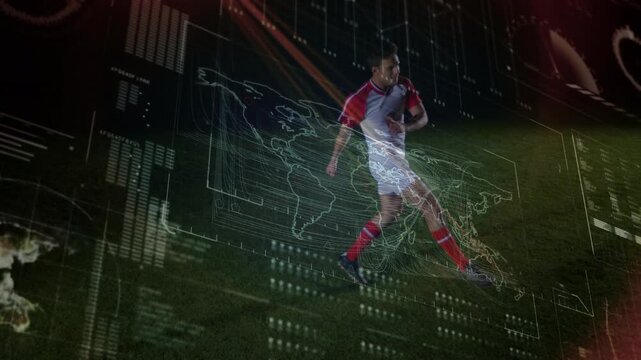 Animation of data processing over caucasian football player on football pitch