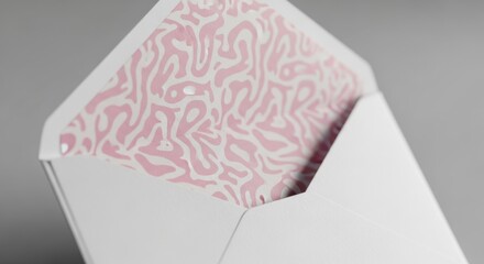 Elegant white textured envelope open, revealing a soft pink abstract custom lining, perfect for premium wedding invitation and branding mockups.