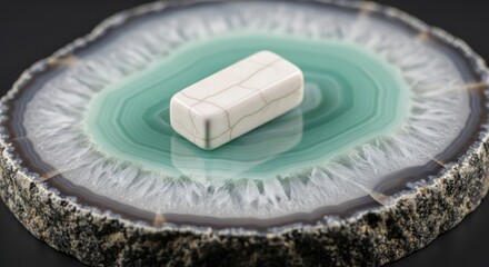 Polished White Howlite Crystal Stone Resting on Green Agate Geode Slice. Holistic Healing Minerals for Luxury Wellness and Jewelry Design.