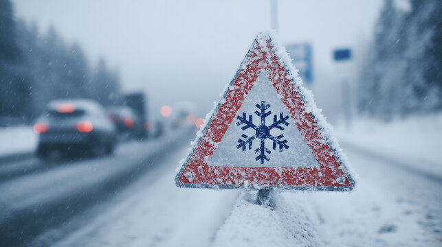 Verschneites Warndreieck mit Schneeflocken-Symbol steht am Stra&szlig;enrand
