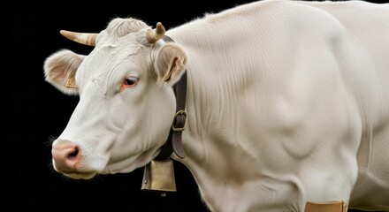Majestic white farm cow portrait with traditional brass bell and leather collar, emphasizing premium organic beef and dairy quality.