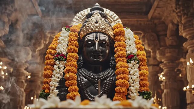 Rama Navami Lord Rama Statue Floral Garland Temple Interior Background