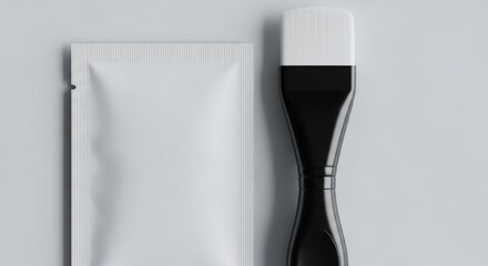 Blank White Sachet Packet and Cosmetic Brush Mockup for Skincare Branding. Minimalist flat lay of a single-use mask foil application tool.