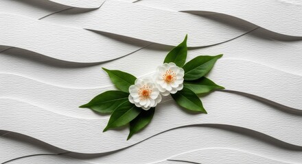 Pure White Flowers and Green Leaves Resting on Wavy Textured Paper for Spa, Wellness, and Organic Skincare Product Branding.