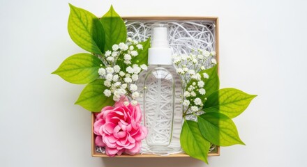 Clear Spray Bottle Mockup Presented in Eco Gift Box with Organic Leaves and Pink Flower for Natural Cosmetic Sales.