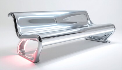 Futuristic polished metal bench with a curved design and glowing base