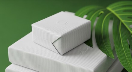 Stacked White Product Packaging Displayed with Tropical Leaf on Green Backdrop: Eco-Friendly Skincare and Wellness Mockup Concept.