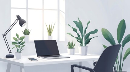 Minimalist workspace with laptop and many indoor plants by the window.


