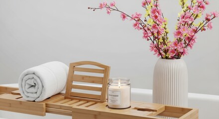 Luxurious Bamboo Bath Caddy holding candle and towel, creating a tranquil home spa experience for ultimate relaxation.