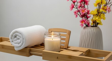 Self-Care Relaxation: White Towel and Burning Candle on a Bamboo Caddy for a Peaceful Spa Bath Experience.