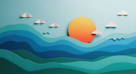 Minimalist Papercraft Sunset Over Layered Blue Ocean Waves - Tranquil Digital Background for Summer Campaigns