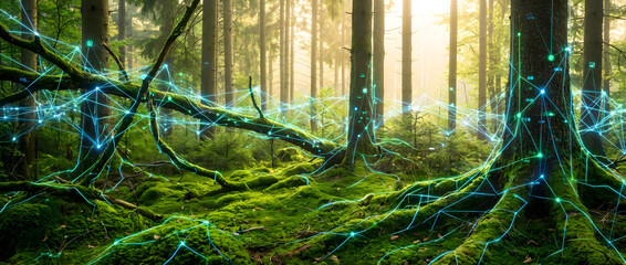 Environmental Big Data Concept: Glowing Network Lines Connecting Trees and Roots in the Woods, Illustrating Smart Ecology and Digital Forest Management.