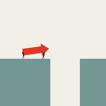 A minimal vector illustration showing business teamwork to overcome a challenge. This concept uses a red arrow as a bridge to find a solution for success.