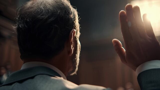 Man in suit swearing an oath in a courtroom