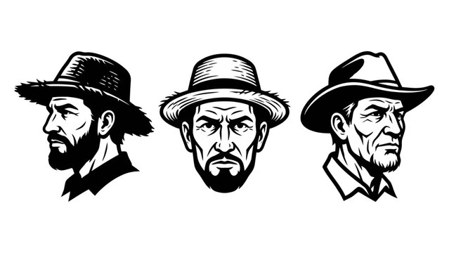 Bold Black Cowboy Trio Heads Bearded Western Man Portrait Illustration