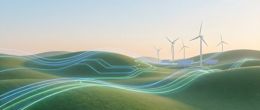 Sustainable energy future: Wind turbines and solar panels on green hills connected by glowing circuit lines, symbolizing clean power transmission and smart grid technology.