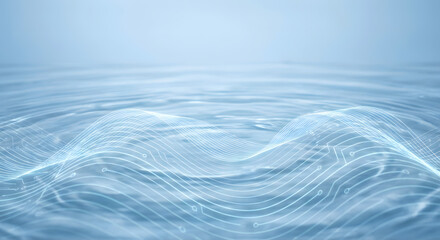Abstract technology concept showing digital circuit waves flowing across a rippling blue water surface, symbolizing data transfer, liquid computing, and network connectivity.