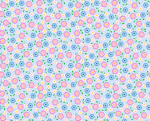 Soft Blue Ditsy Floral Seamless Pattern with Pink and White Flowers