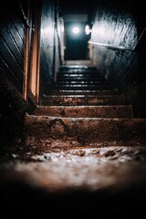 Fototapeta premium Dark, narrow stairwell with wet, muddy steps and slick black walls, ascending to a bright light at the top. Concept Dark narrow stairwell, Wet muddy steps, Slick black walls