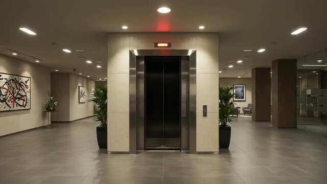 Modern elevator entrance in sleek hallway with contemporary artwork  