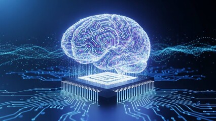 Futuristic visualization of an artificial intelligence brain emerging from a microchip, representing advanced data processing and computing.