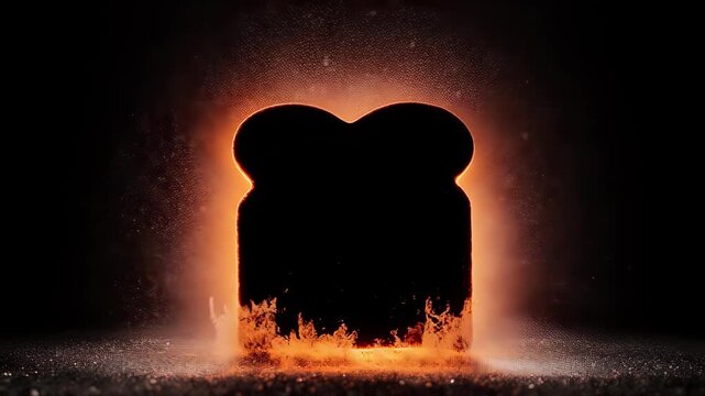 Silhouette of toasted bread against orange glow, flames rising