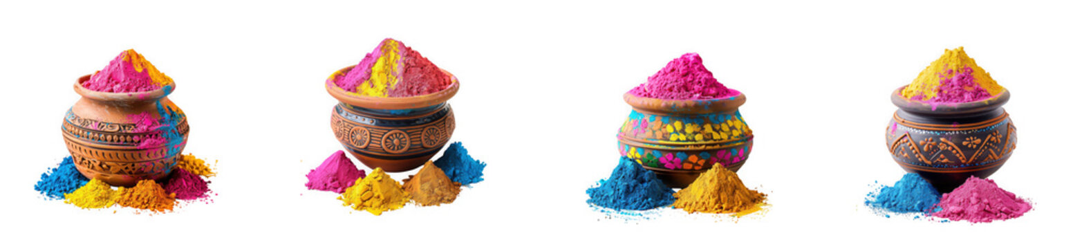 Colorful holi powder explosion from traditional clay pots vibrant festive design element on transparent background
