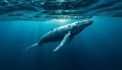 Fototapeta premium A large whale swims gracefully in the clear blue waters of the ocean.