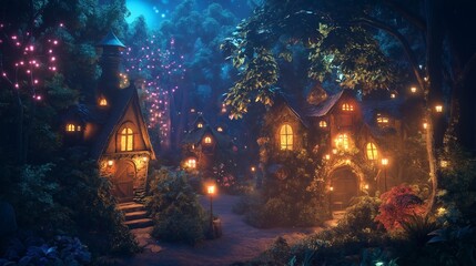 Enchanted forest village of whimsical treehouses illuminated by string lights. Fantasy landscape
