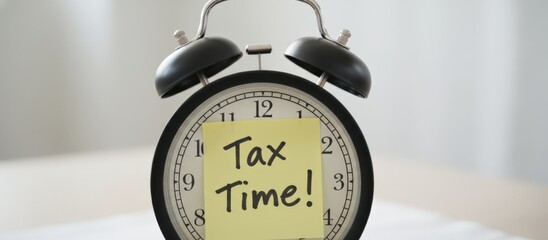 Analog alarm clock showing a yellow sticky note with tax time. Handwritten on its face, symbolizing deadlines, financial obligations, and the approaching period for submitting tax returns