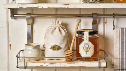 Travel flatlay featuring honey, herbs, and kitchen items in a rustic setting