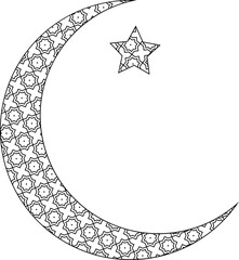 Crescent moon and star with geometric Arabic pattern, black and white sketch. Vector illustration. Ramadan holiday concept, isolated on white background. Abstract geometric ornament.