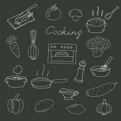 Hand Drawn Cooking Icons Set on Chalkboard Background