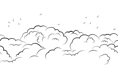 Fluffy cumulus clouds and bird silhouettes, seamless horizontal border. Thick mountain clouds isolated on white background. Vector illustration. Summer outdoor scene