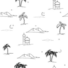 Desert sand dunes, Arabic mosque domes and minaret, black and white sketch. Vector illustration. Crescent moon on colorful night sky and light clouds, seamless pattern isolated on white background.