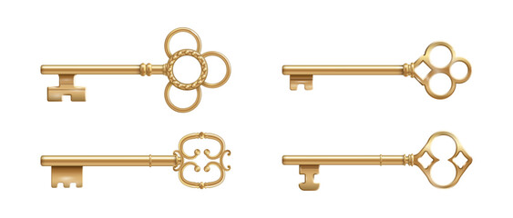 Fototapeta na wymiar Vintage gold coated keys with filigree design of royal baroque aesthetics. Vector realistic curves and scrollwork golden devices with notched blades. Instruments for home, items for opening doors